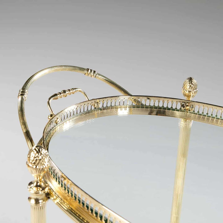 Close-up of a Mid Century Maison Jansen Bar Cart with brass and glass detailing from Nicholas Wells Antiques