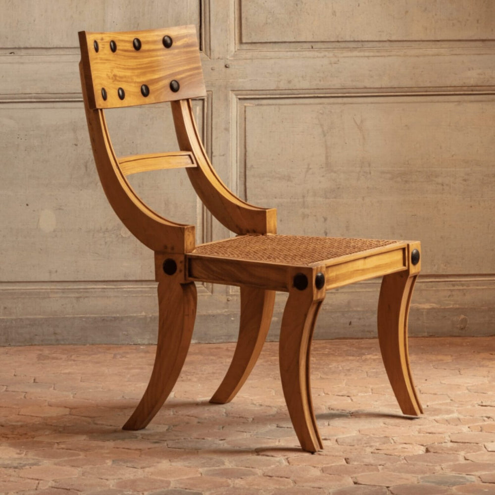 Satinwood Klismos dining chair with cane seat and ebony details by Collection EE30 in elegant classical design.