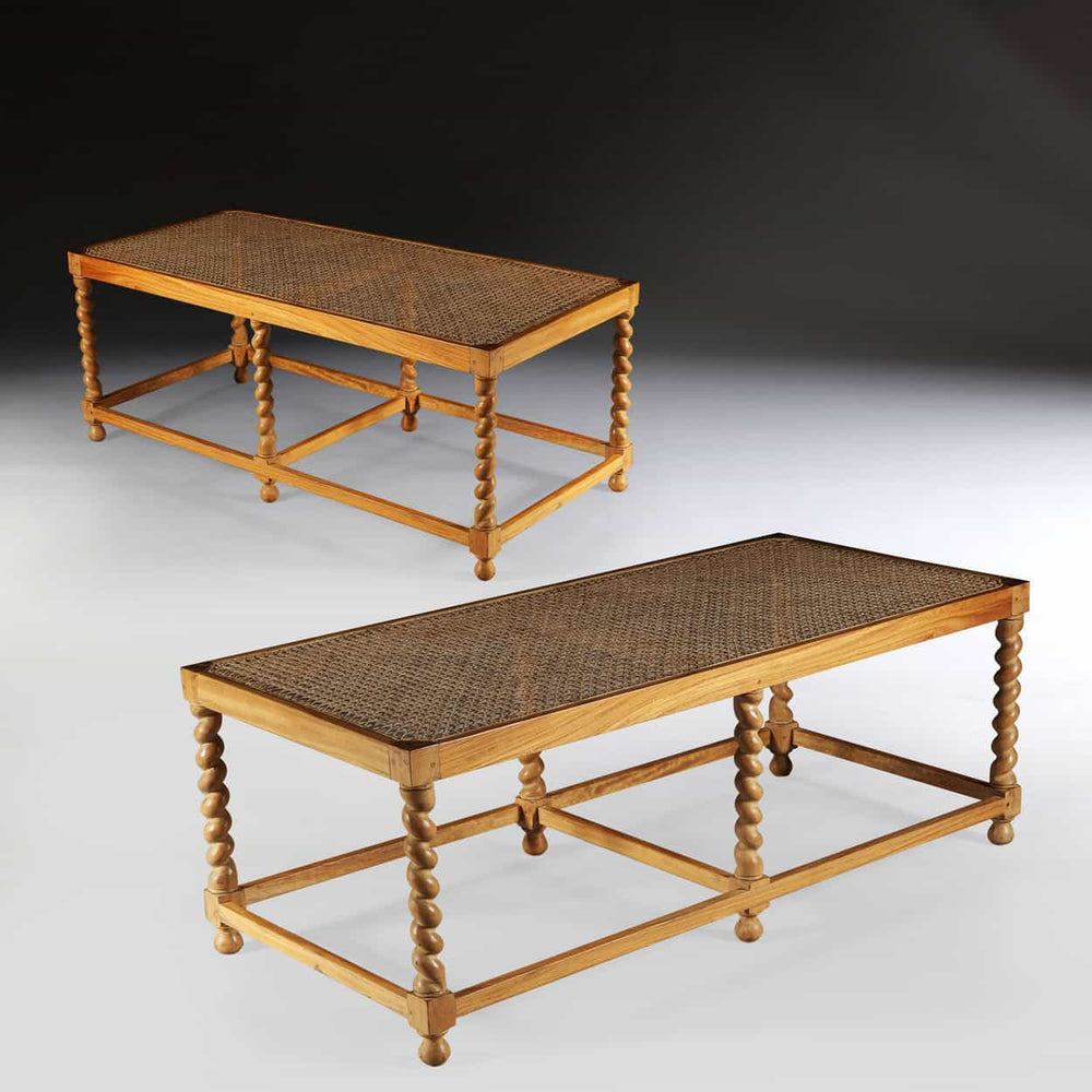 Traditional satinwood long bench with barley twist legs and caned seat by Collection EE30 in a classic design