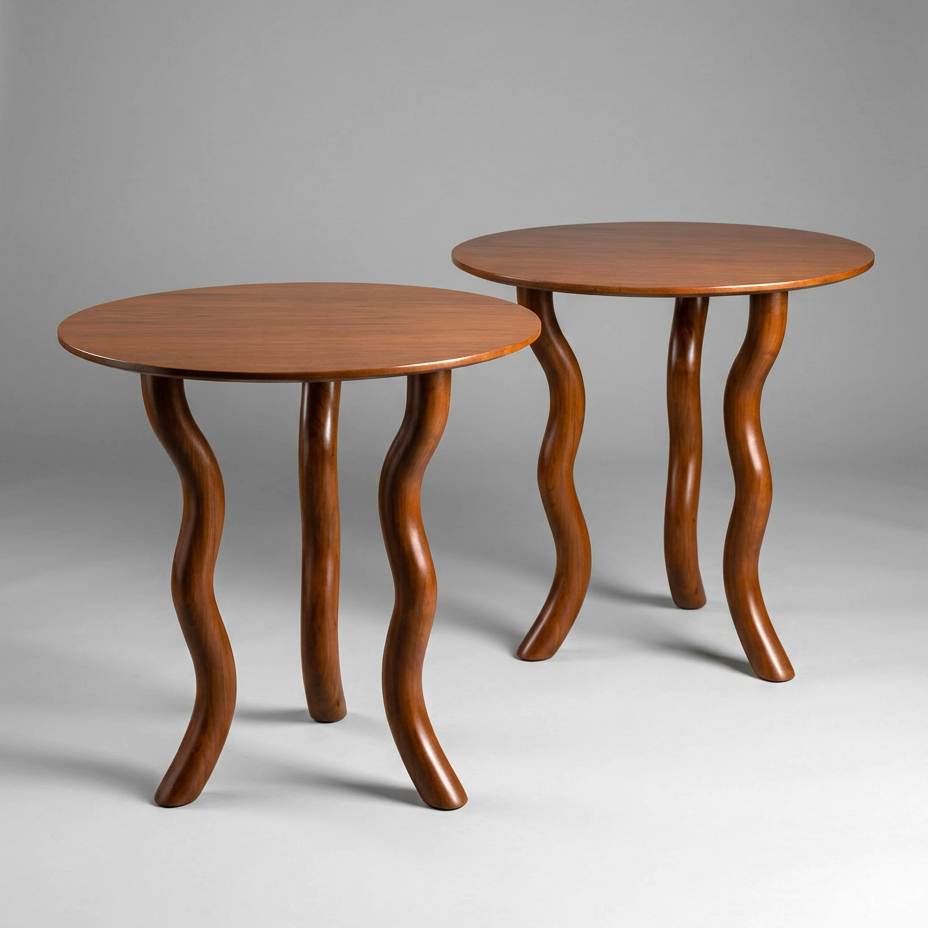 A pair of circular wooden end tables
