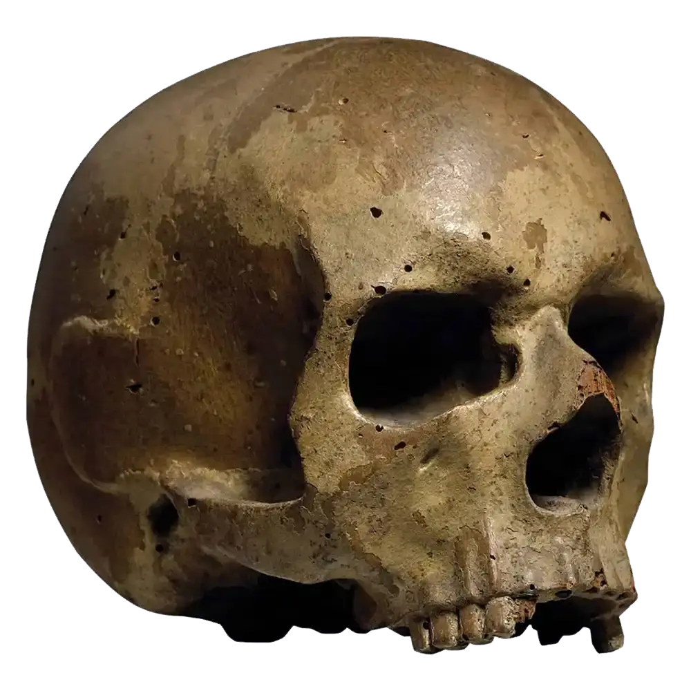 Memento Mori Italian 17th-century carved wooden skull sculpture with original paint, detailed 17.5 cm tall.