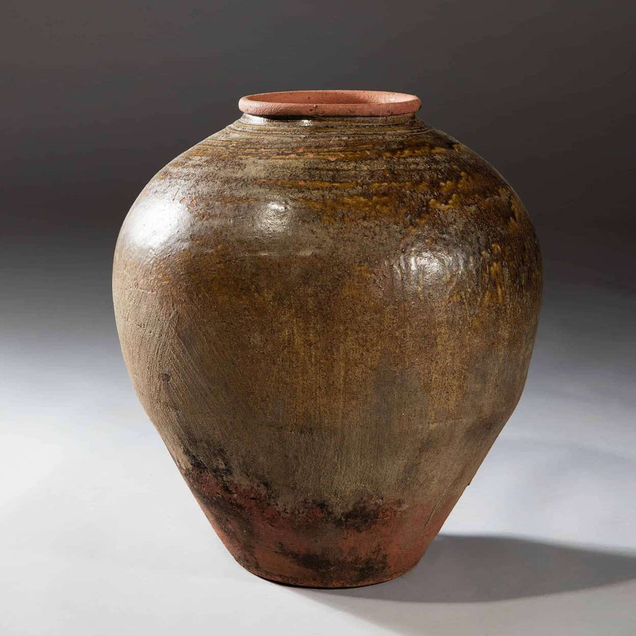 South China Sea storage jar with mottled brown glaze and ochre tones by Collection EE10, 48 cm tall pottery vessel