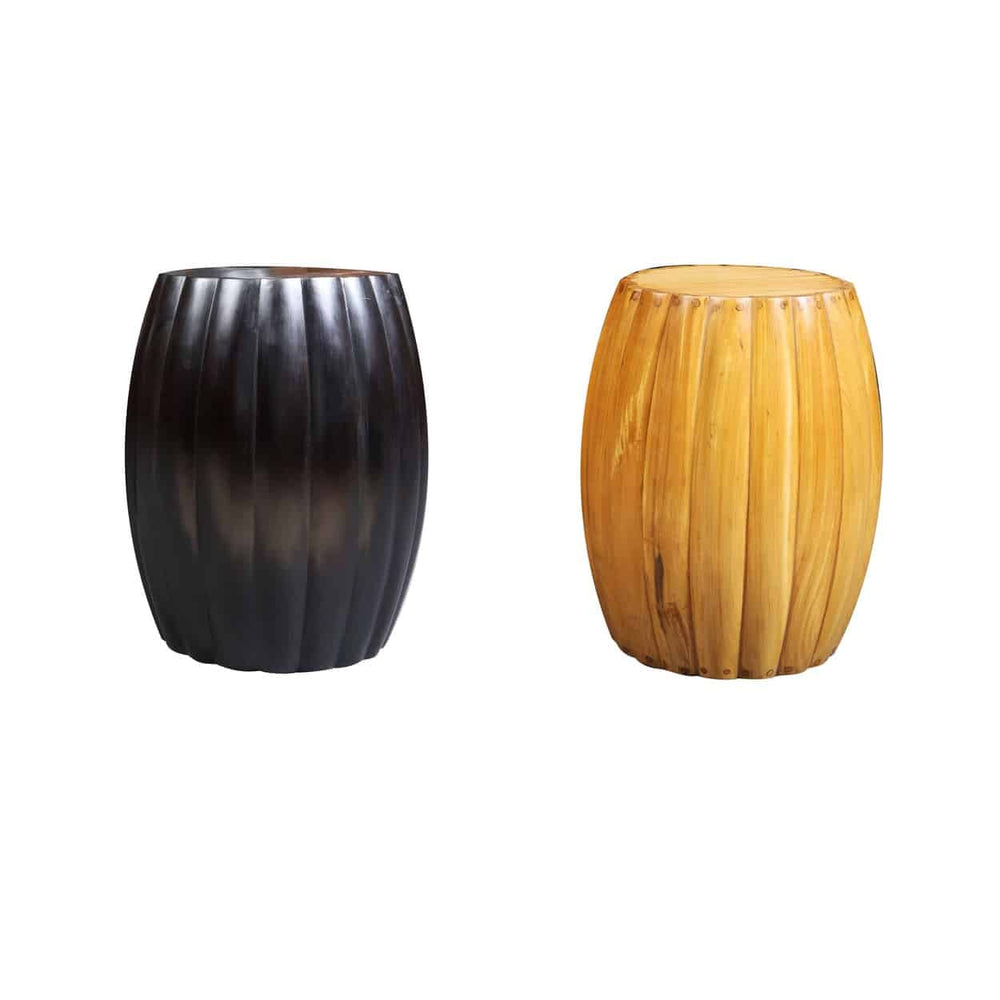 Pair of satinwood stools in black and natural finish by Collection EE30, versatile as end tables or seating options