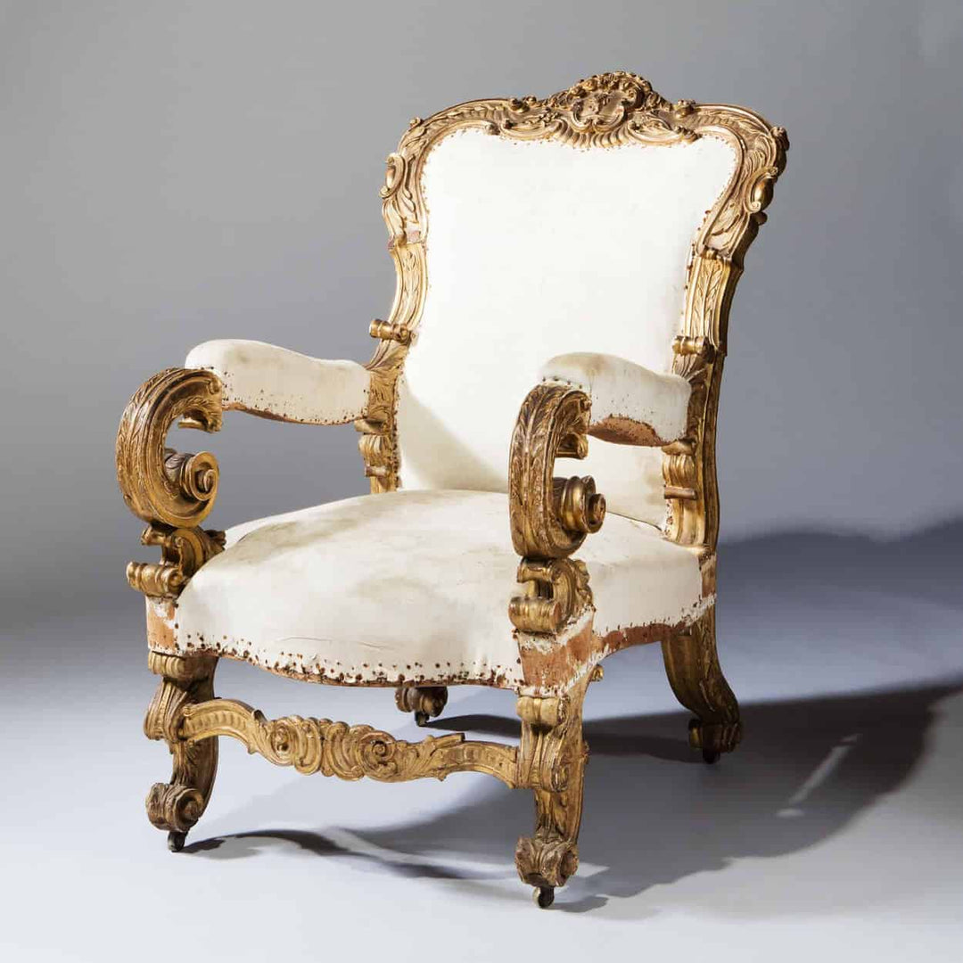 French or Italian carved giltwood armchair with cream upholstery by The Sold Archive circa 1800 in neoclassical style
