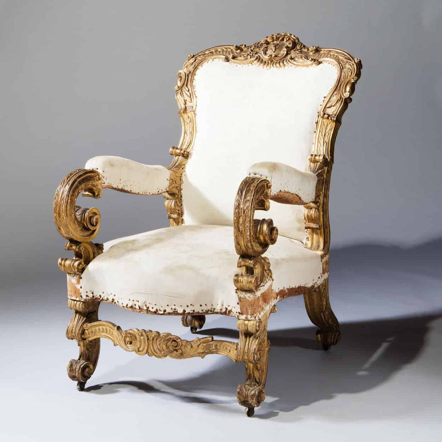 French or Italian carved giltwood armchair with cream upholstery by The Sold Archive circa 1800 in neoclassical style