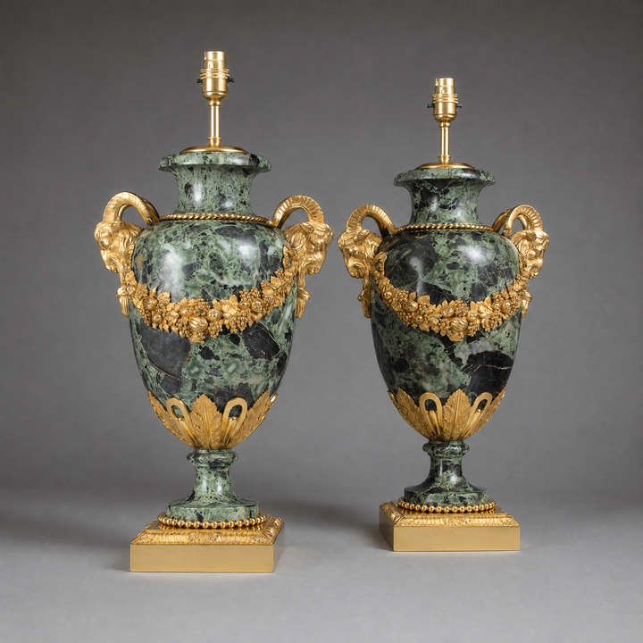 A Grand Pair of 19th-Century Gilt-Bronze Mounted Verde Antico Marble Vases, Now Lamps