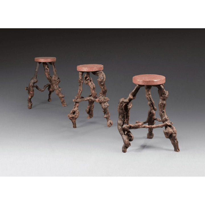 Set of 3 gnarled vine bar stools with faux porphyry seats from Collection EE30, mid-century French design.