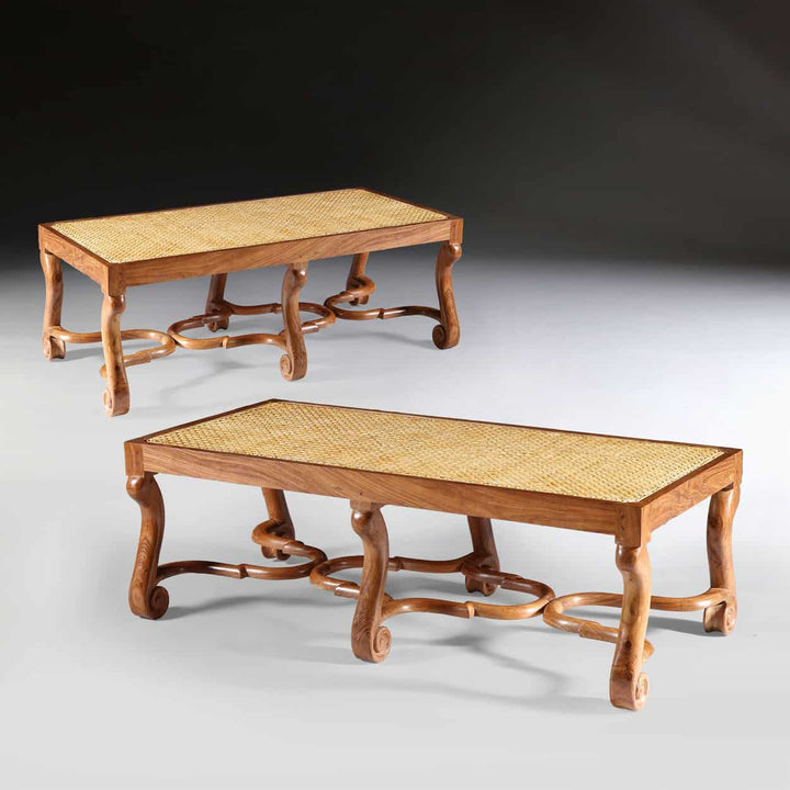 Pair of walnut long caned benches with shaped legs and Jacobean stretchers by Collection EE30, elegant and traditional design