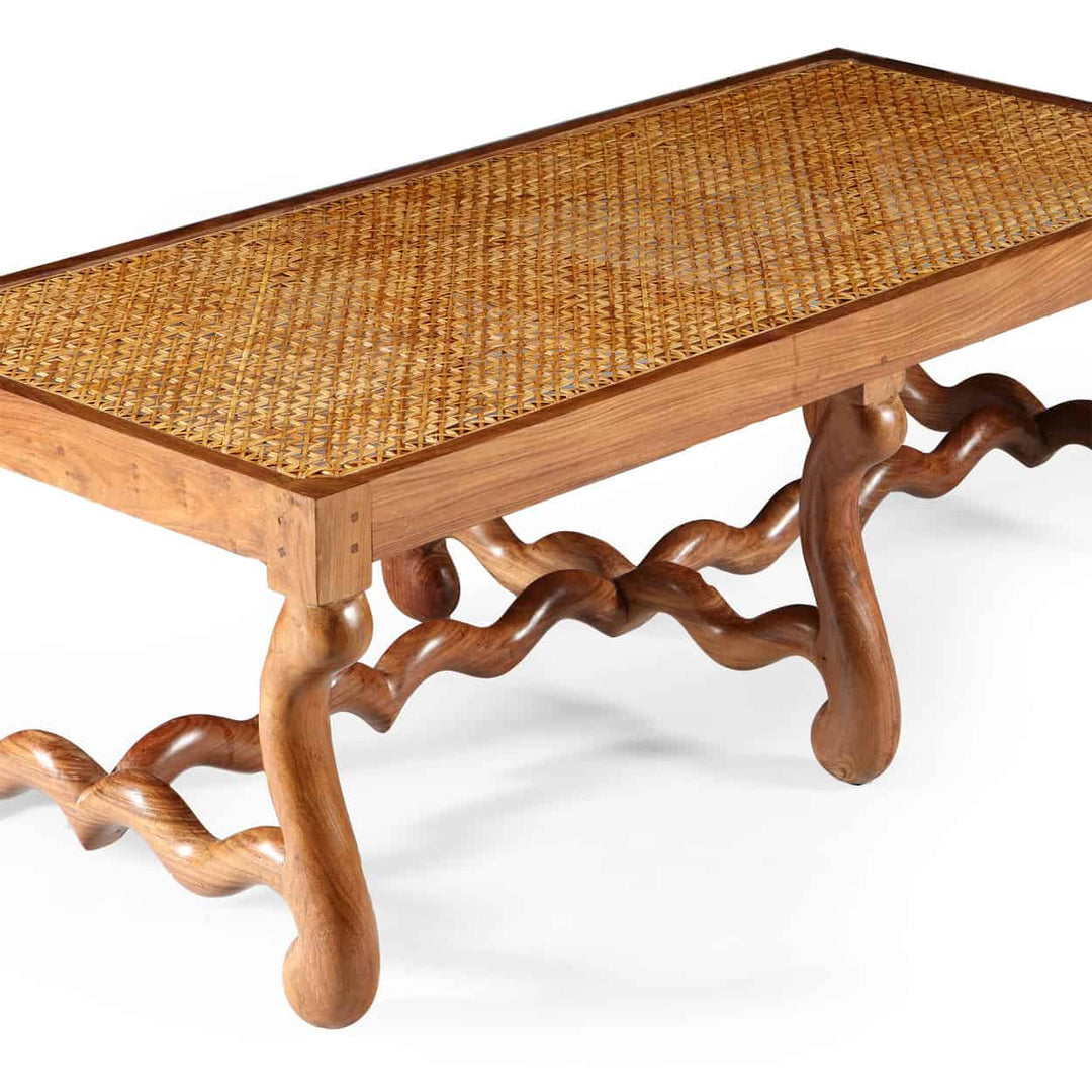 Pair of Os de Mouton walnut long caned benches with sculptural legs, elegant design by Collection EE30