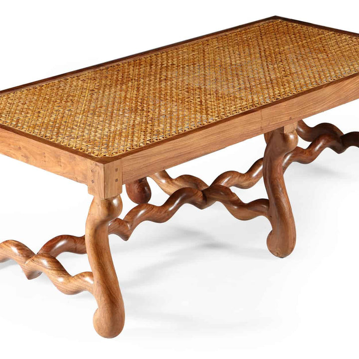 Pair of Os de Mouton walnut long caned benches with sculptural legs, elegant design by Collection EE30