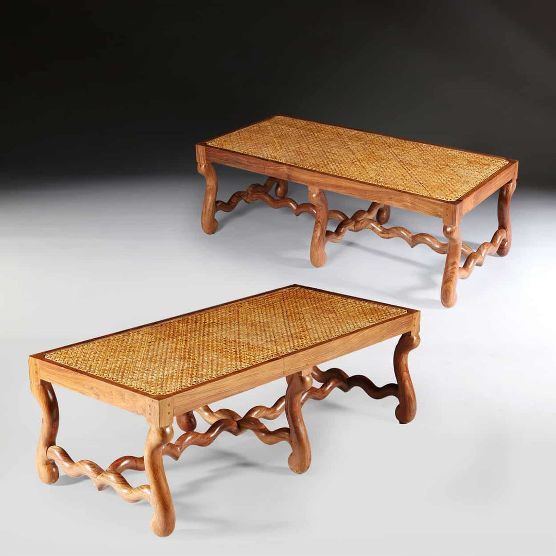 Pair of Os de Mouton walnut long caned benches with sculptural legs by Collection EE30 in refined French Baroque style