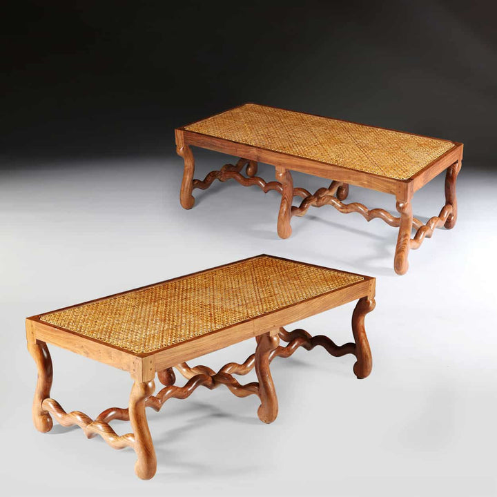 Pair of Os de Mouton walnut long caned benches with sculptural legs by Collection EE30 in refined French Baroque style